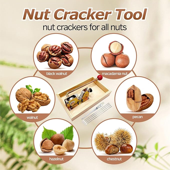 Heavy Duty Nut Cracker Tool, 6 Pcs NutCracker Tool Set for Pecans Walnuts Macadamia Hazelnuts Nut Crackers for All Nuts, 4 Picks & 1 Cleaning Brush, Wooden Base