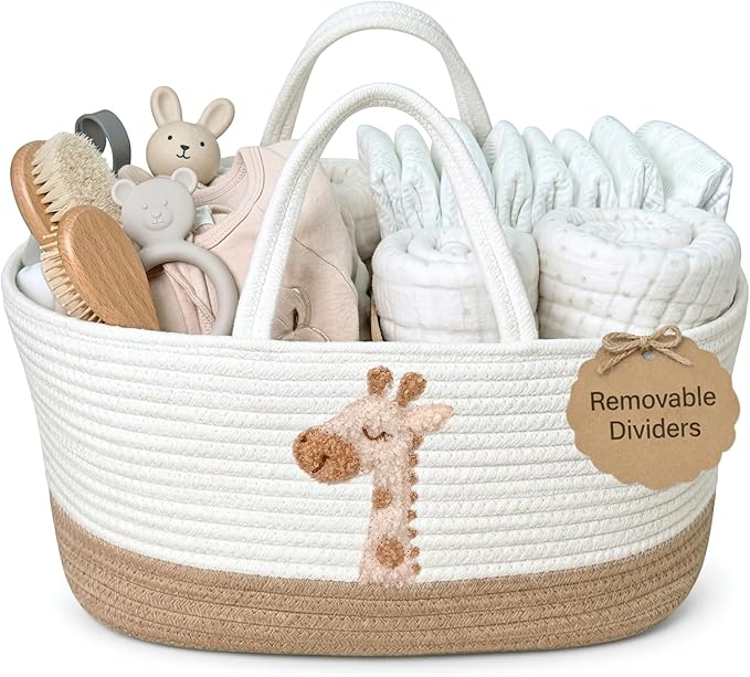 Giraffe Diaper Caddy Organizer for Baby Cotton Rope Nursery Storage Basket 17"x10.5"x7" with Removable Dividers Portable Changing Table Organizer, Car Caddy, Baby Shower Basket