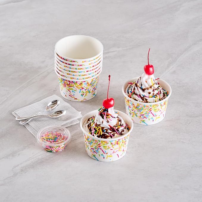 Coppetta 8 Ounce Dessert Cups, 50 Greaseproof Ice Cream Cups - Lids Sold Separately, For Hot And Cold Foods, White Paper Yogurt Bowls, Party Sprinkle Design, Disposable, Sturdy - Restaurantware