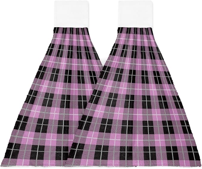 Alandar Home Kitchen Tie Towel Set of 2, Vintage Purple Black Tartan Plaid Absorbent Soft Hand Towels for Bathroom Hanging Towels, Retro Geometric Art Fast Drying Cleaning Cloth with Loop