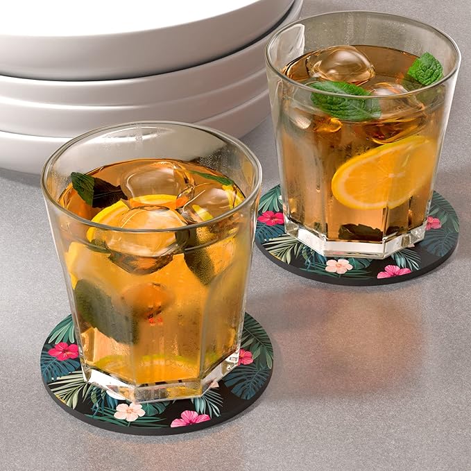 Nipichsha Coasters for Drinks, Set of 6 Cute Absorbent Rubber Drink Coasters for Cup with Non Slip Backing, Kitchen Home Decor Housewarming Gift, Round 4 in, Flowers Good Vibe