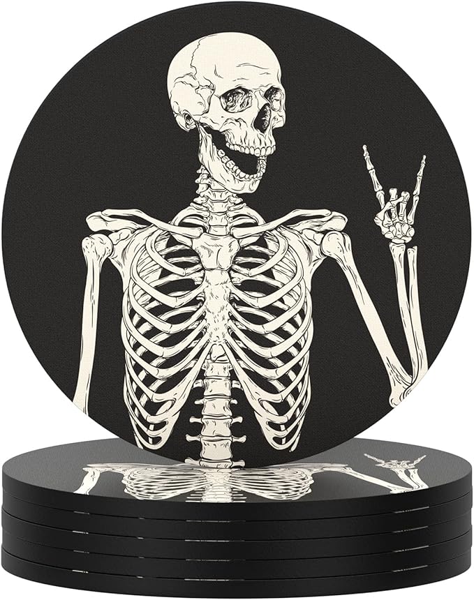 Nipichsha Coasters for Drinks, Set of 6 Cute Absorbent Rubber Drink Coasters for Cup with Non Slip Backing, Kitchen Home Decor Housewarming Gift, Round 4 in, Skull