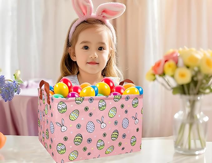 Large Rectangular Easter Baskets Empty Waterproof Boy Toy Box Foldable Kid's Gifts Storage Bin Spring Room Decor(Pink Black Line Egg)