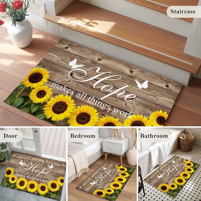 Area Rug 2x3ft, Farm Sunflower Positive Energy Quote Washable Rugs for Living Room Bedroom, Retro Dark Brown Wood Grain Soft Non-Slip Area Rugs Rectangle Floor Carpet for Dining Room