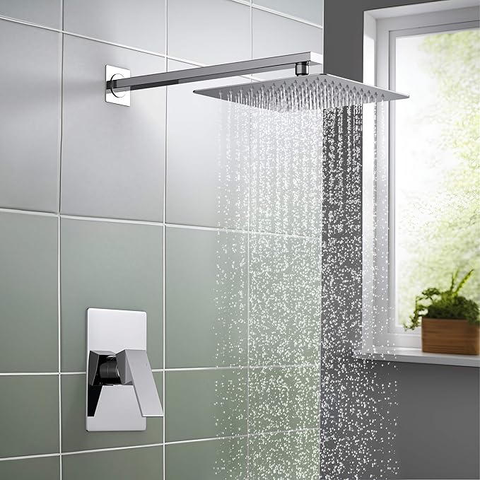 KIBI Cube Bathroom Shower System | Single Function Wall Mounted Shower Faucet Set for Bathroom with Solid Brass Pressure Balanced Construction (Chrome) (KSF411)