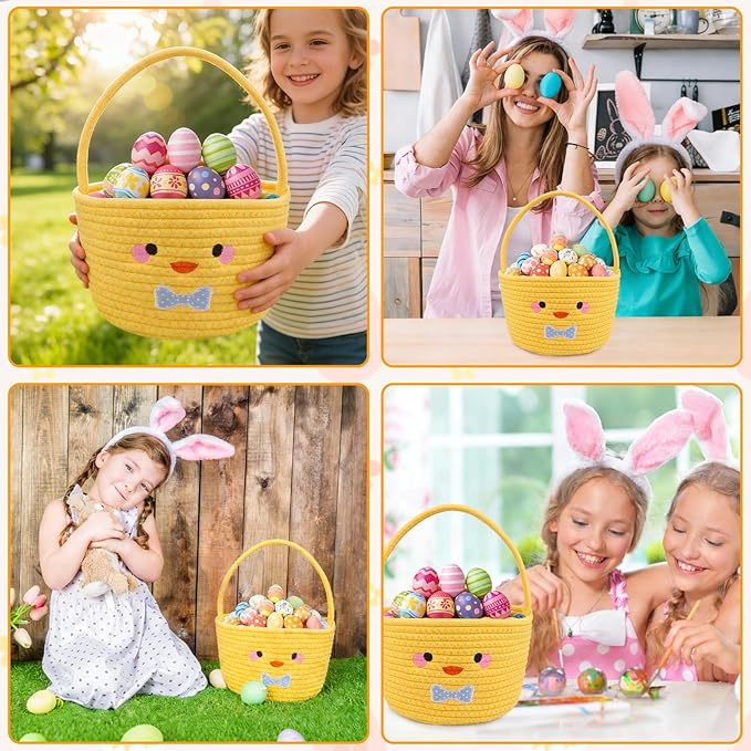 Easter Basket, Easter Baskets for Kids,Empty Chick Woven Rope Cotton for Eggs,Easter Egg Hunt Storage Bin with Handle, Baby Nursery Candy for Toddler, Boys and Girls, 9''×12''