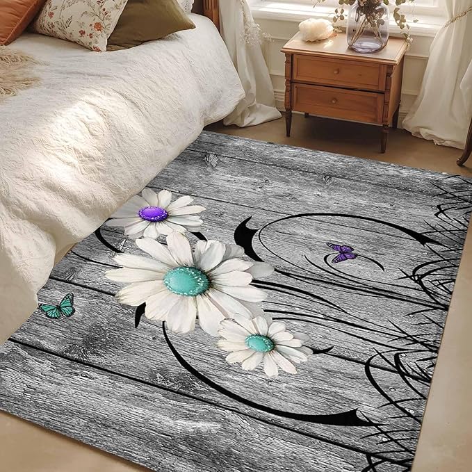 Area Rug 4x6ft, Farm Daisy Shabby Wood Grain Washable Rugs for Living Room Bedroom, Vintage Flower Plant Butterfly Soft Non-Slip Area Rugs Rectangle Floor Carpet for Dining Room