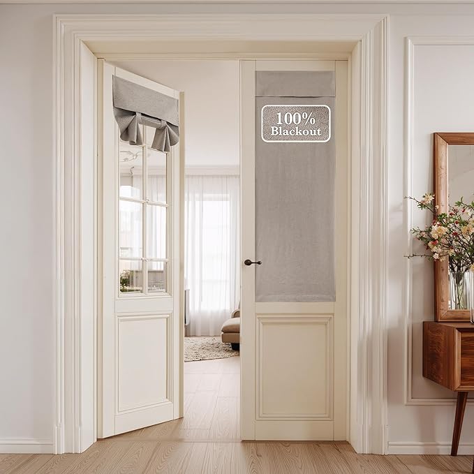 NICETOWN 100% Linen Blackout French Door Curtain for Window, Thermal Insulated Room Darkening Window Covering for Kitchen Office Nursery, Tie Up Shade for Privacy, 1 Panel, 26W x 64L, Taupe