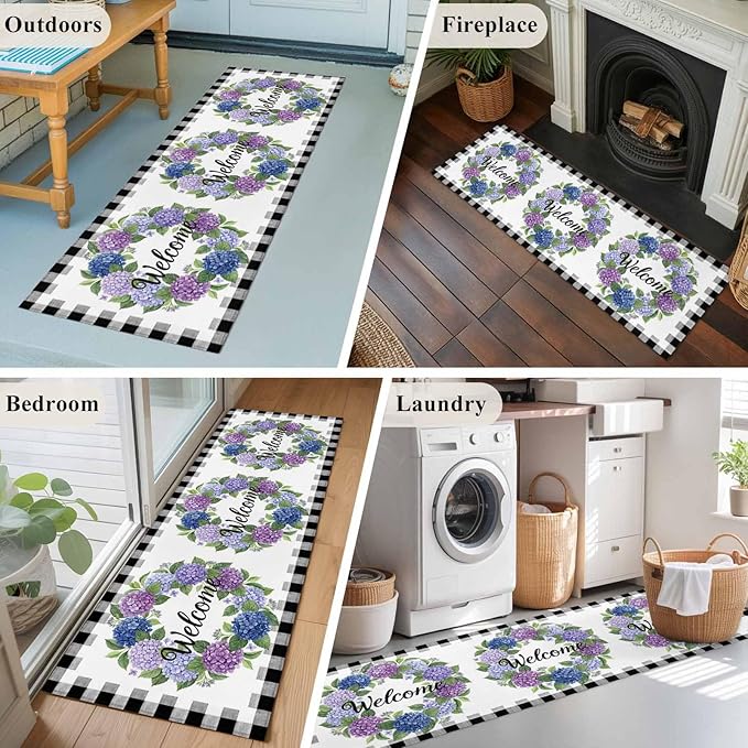 Runner Rug for Bedroom Hallway, Summer Hydrangea Leaf Kitchen Runner Rugs Area Rug 2x6ft, Purple Blue Flower Buffalo Check Washable Soft Floor Carpet for Entryway Stair