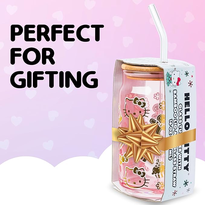 Silver Buffalo Sanrio Hello Kitty Gingerbread Cookies Christmas Holiday Pink and Gold Foil Glass Jar Tumbler with Bamboo Lid and Glass Straw, 16 Ounces