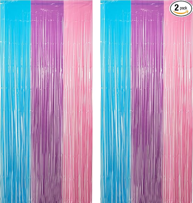 Blue Purple Pink Tinsel Backdrop - GREATRIL Pastel Foil Fringe Curtain Streamers for Pony Theme Birthday Mermaid Shower Unicorn Girls Party Decorations 2 Packs