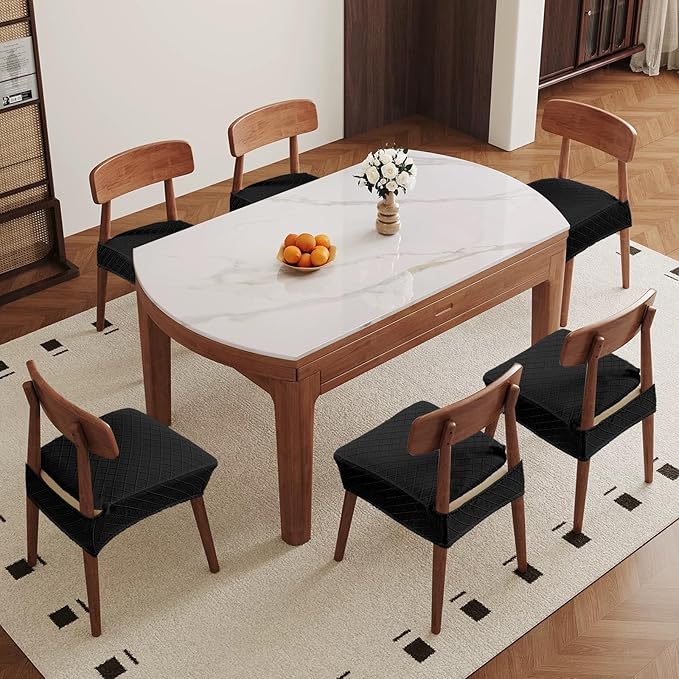 Genina Waterproof Seat Covers for Chairs,Set of 6 Dining Room Chair Seat Covers for Kitchen,Stretch Jacquard Removable Washable Dining Chair Slipcovers Protectors,No Rear Covers, Black