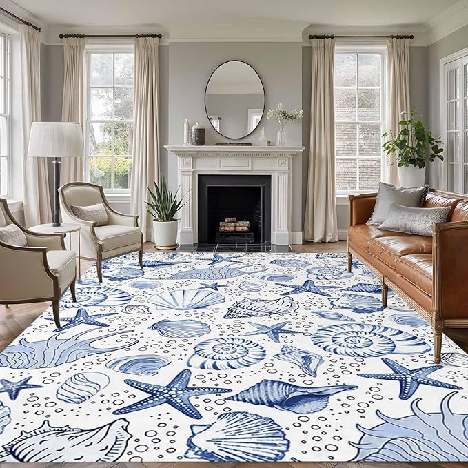 Area Rug 6x9ft, Navy Blue Starfish Conch Shell Seamless Washable Rugs for Living Room Bedroom, Summer Ocean Bubbles Soft Non-Slip Area Rugs Rectangle Floor Carpet for Dining Room