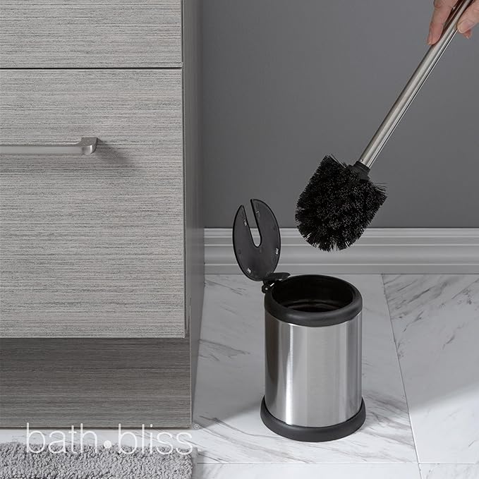 Bath Bliss Toilet Brush and Holder | Self Closing Lid | 360 Degree Brush Head | Bathroom Cleaning | Compact Size | Storage and Organization | Stainless Steel