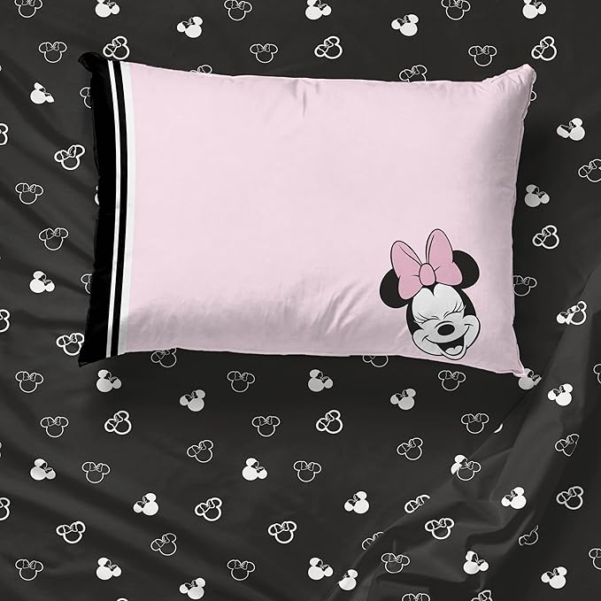 Jay Franco Kids Sheet Set with Fitted, Flat Sheets & Pillow Cover - Ultra-Soft Bedding with Pillowcase for Room Decor, Black - Minnie Mouse, 3 Piece Twin