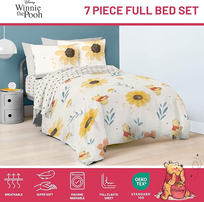 Jay Franco Disney Winnie The Pooh Full Sized Comforter Set - 7 Piece Bedding Includes Sheet Set & Pillow Covers - Super Soft Cozy Floral Bedding