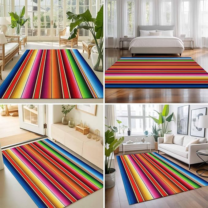 Area Rug 8x10ft, Mexican Stripes Vintage Ethnic Washable Rugs for Living Room Bedroom, Native American Stripe Soft Non-Slip Area Rugs Rectangle Floor Carpet for Dining Room