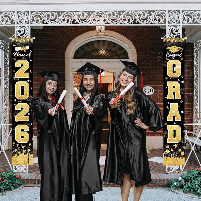 2026 Graduation Party Decorations - Black Gold Class of 2026 Congrats Grad Porch Sign Banner Hanging Flag Graduation Party Supplies for School College Classroom Decor