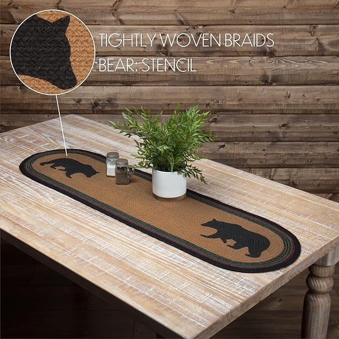 VHC Brands Dark Tan Rustic & Lodge Tabletop & Kitchen Wyatt Bear Stenciled Oval Jute Bedding Accessory, Runner 13x48, Brown