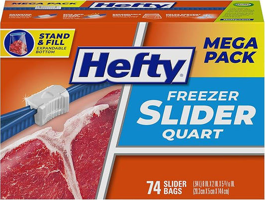Hefty Slider Freezer Kitchen Storage Bags, Quart Size, 74 Count