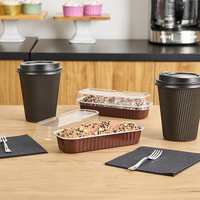 Restaurantware-6.8 Ounce 6.5 X 2.6 X 1.2 Inch Mini Cake Pans, 100 Round Baking Cup - Disposable, With Dome Lids, Coffee Brown Aluminum Cake Pans, Lightweight, For Frosted Mini Desserts