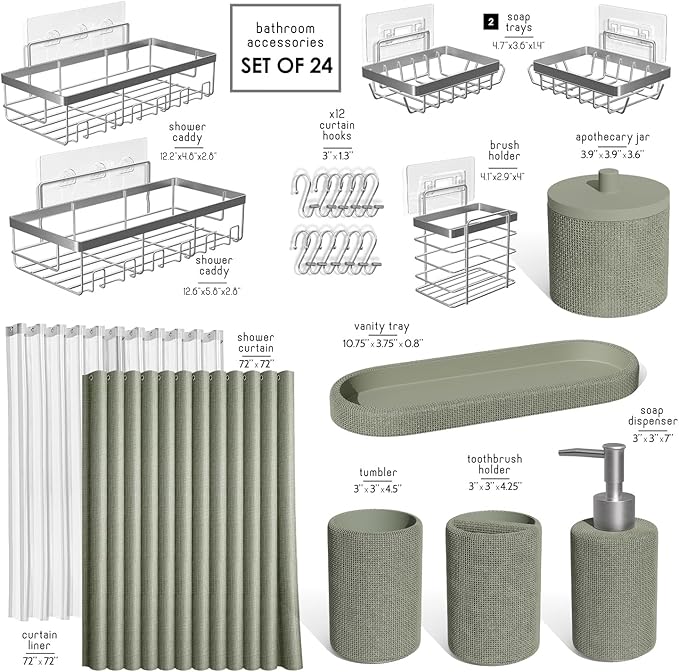 Clara Clark Sage Green Bathroom Set - Bathroom Accessories Set, 24PC Bathroom Accessory Set, Bathroom Sets with Shower Curtain Set, Adhesive Corner Shower Caddy Hanging & Soap Dispenser