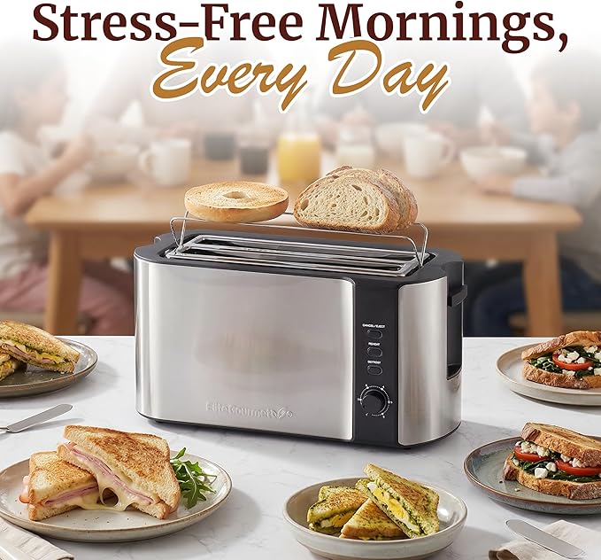 Elite Gourmet ECT-3100 4-Slice Long Slot Toaster | Extra Wide Slots for Bagels, Sourdough & Texas Toast | 6 Browning Settings | Reheat, Defrost & Cancel | Built-In Warming Rack | Stainless Steel