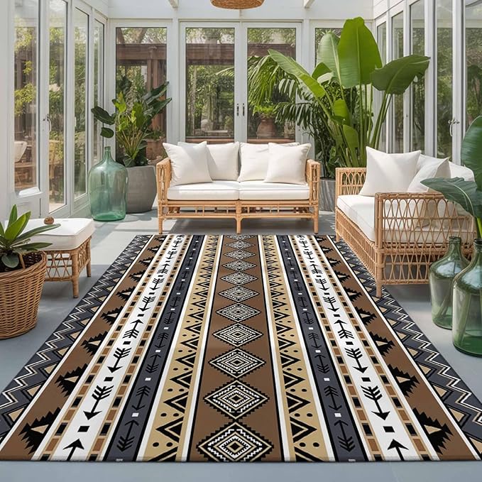 Area Rug 3x5ft, Boho Tribal Stripes Washable Rugs for Living Room Bedroom, Ethnic Borders Arrow Motifs Soft Non-Slip Area Rugs Rectangle Floor Carpet for Dining Room