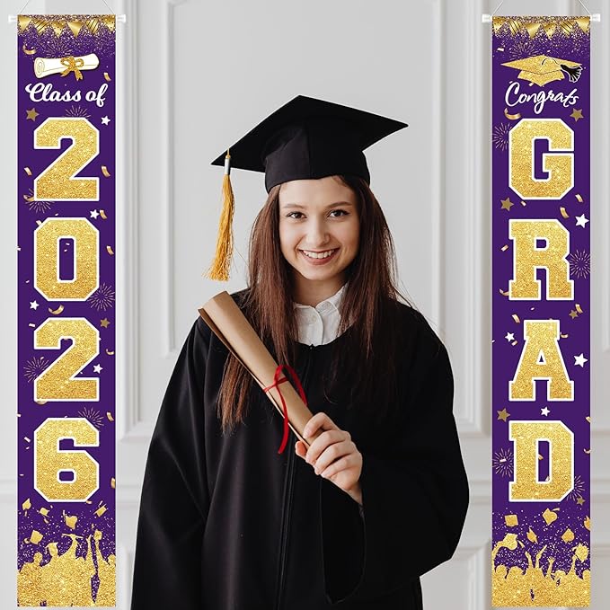 2026 Graduation Party Decorations - Purple Gold Class of 2026 Congrats Grad Porch Sign Banner Hanging Flag Graduation Party Supplies for School College Classroom Decor