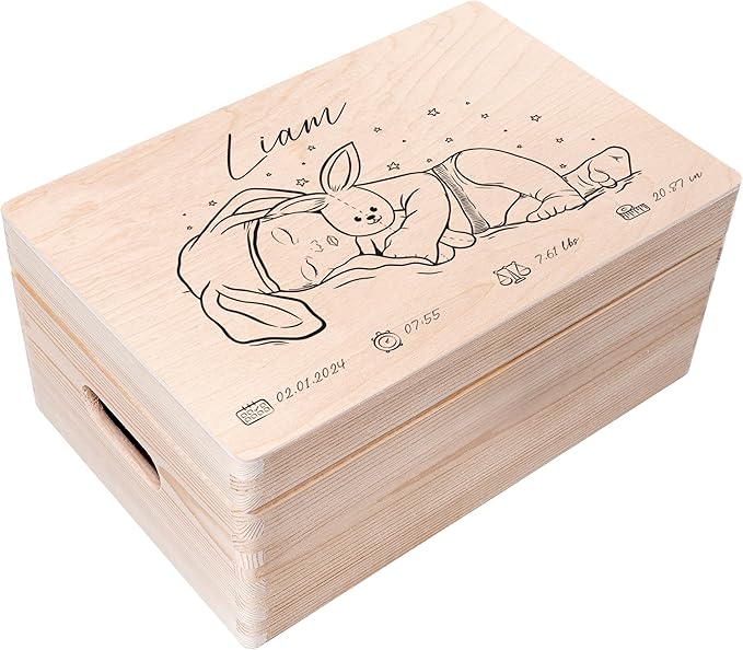 Creative Deco Personalized Wooden Storage Box Baby Memory Box | 11.8x7.87x5.51in (+-0.5) | Hinged Lid Handles Engraving | Boy Girl Birth Baptism | Gift Box | Rough UNSANDED Keepsake Souvenir Chest