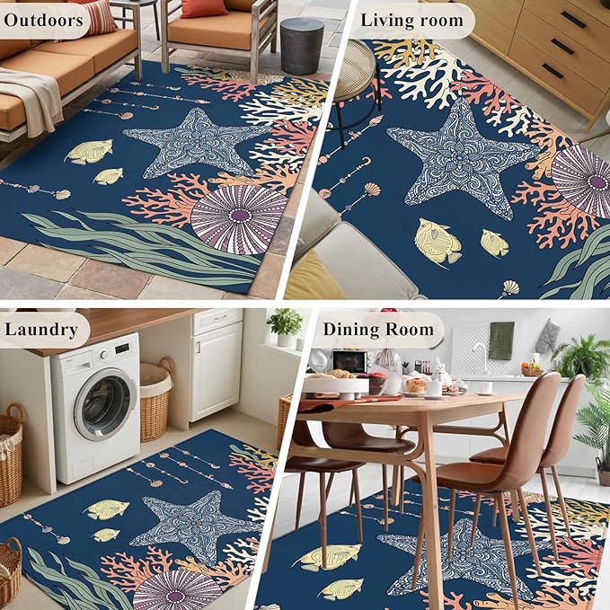 Area Rug 4x6ft, Ocean Starfish Coral Fish Washable Rugs for Living Room Bedroom, Underwater Creature on Navy Blue Soft Non-Slip Area Rugs Rectangle Floor Carpet for Dining Room