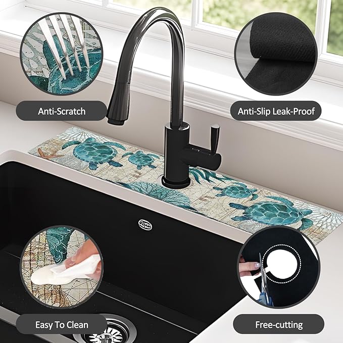 2PCS 24" X 5.5" Kitchen Sink Splash Guard Faucet Mat Sea Turtles Super Absorbent Fast Drying Faucet Guard & Draining Mat Sink Splash Guard Behind Faucet for Kitchen, Bathroom