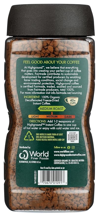 Highground Organic Decaf Instant Coffee, Vegan, 3.53 Ounces (Pack Of 6)
