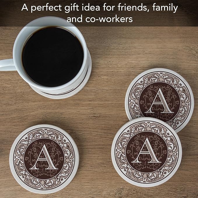Thirstystone Monogram Letter A Absorbent Sandstone Coaster 4-Pack Manufactured in the USA Decorative Absorbent Easily Wipes Clean