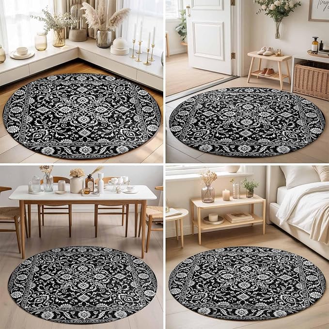 Washable Round Area Rug Paisley Vintage Black Floral Circle Rugs Floor Carpet for Living Room Bedroom, Classic Flower Texture Soft Non Slip Round Rug 5ft