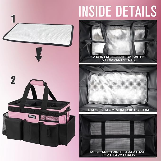 SCAVATA Wearable Cleaning Caddy Bag, Cleaning Caddy Supplies Organizer with Handle & Shoulder Straps for Housekeepers, Under Sink & Car Cleaning Tool Organizers with 4 Foldable Divider (SweetPink)
