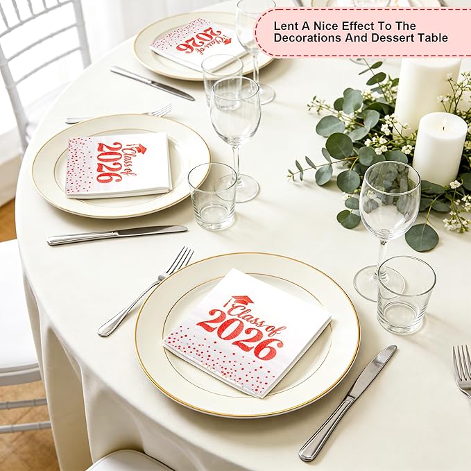 Graduation Napkins - Class of 2026 Napkins Disposable Paper Napkins Congrats Grad Cocktail Napkins Graduation Decorations 2026 Red Napkins Hand Towels for College Graduation Party Decorations 50 Pcs