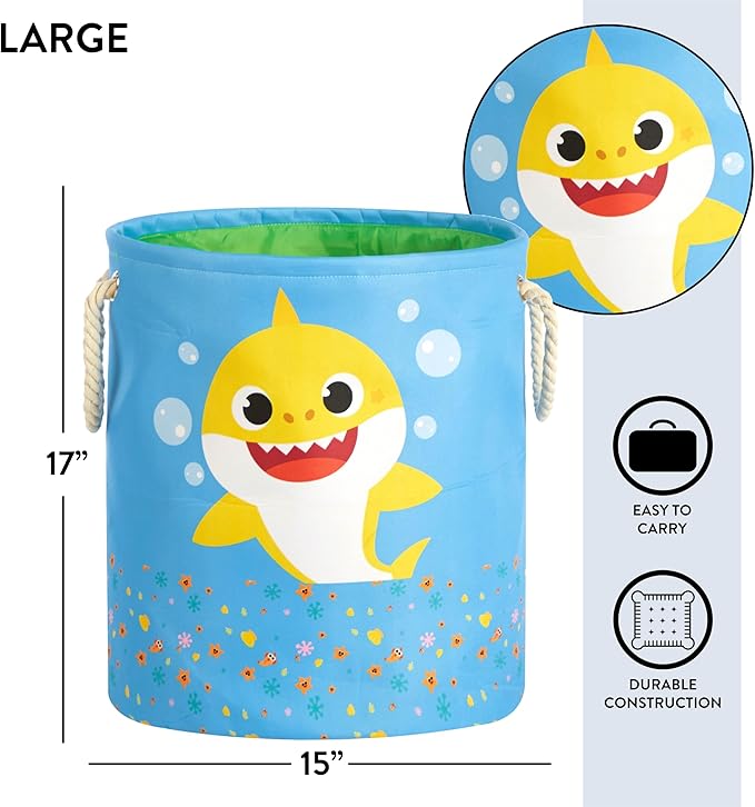 Baby Shark 3 Piece Multi Size Fabric Nestable Toy Storage Basket Set, with Rope Carry Handles