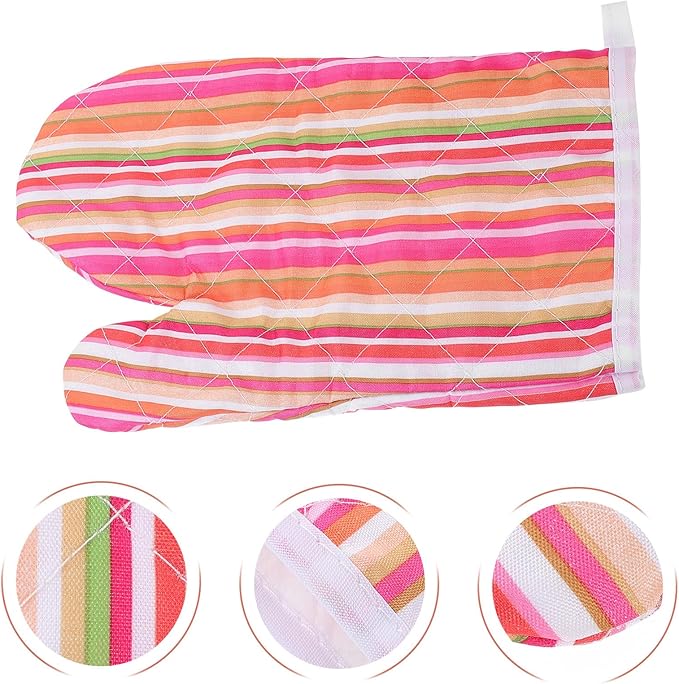 Heat Resistant Oven Mitt 26Cm Thickened Baking Glove with Colorful Stripe Pattern, Anti-Scald Grill Glove for Kitchen Cooking and Barbecue, Single Piece