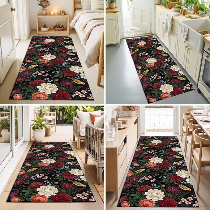 Runner Rug for Bedroom Hallway, Pastoral Colorful Flower Leaf Kitchen Runner Rugs Area Rug 2x6ft, Country Blossom Floral Bird Washable Soft Floor Carpet for Entryway Stair