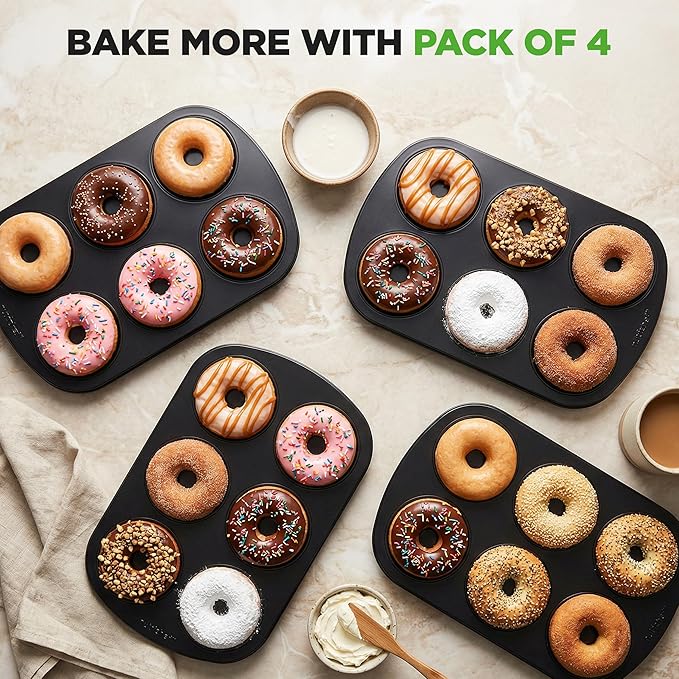 NutriChef Nonstick Donut Pans for Baking | 6 Durable & Easy to Clean Doughnut Molds | Fits Full-Sized Doughnuts | Oven Safe Up To 450F | Bake Perfect Donuts & Bagels | 12.5 x 8.5 Donut Trays | 4 Pack