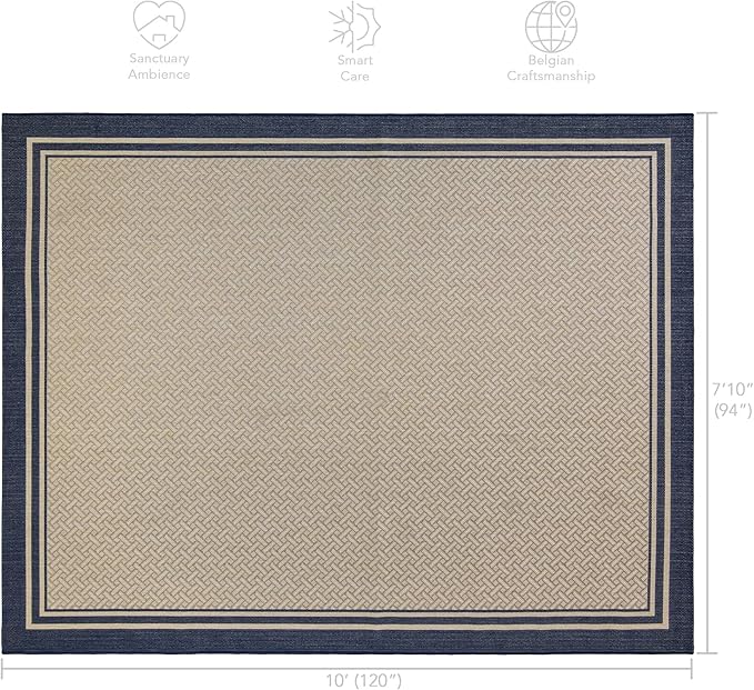 Gertmenian Indoor/Outdoor Flatweave Area Rug - 8x10 Large, Stain & UV Resistant, Ideal For Deck, Patio, Poolside, Mudroom - Simple Border, Navy Blue, 22010