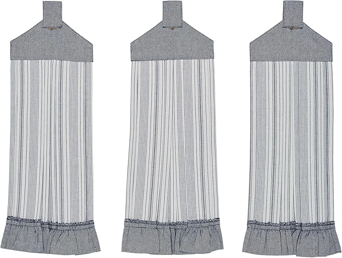 VHC Brands Cotton Sawyer Mill Blue Ticking Stripe Button Loop Kitchen Towel Set of 3, 21x7 Inches, Blue
