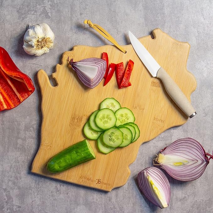 Totally Bamboo Wisconsin State Shaped Cutting Board and Charcuterie Serving Platter with Artwork by Fish Kiss, Includes Hang Tie for Wall Display