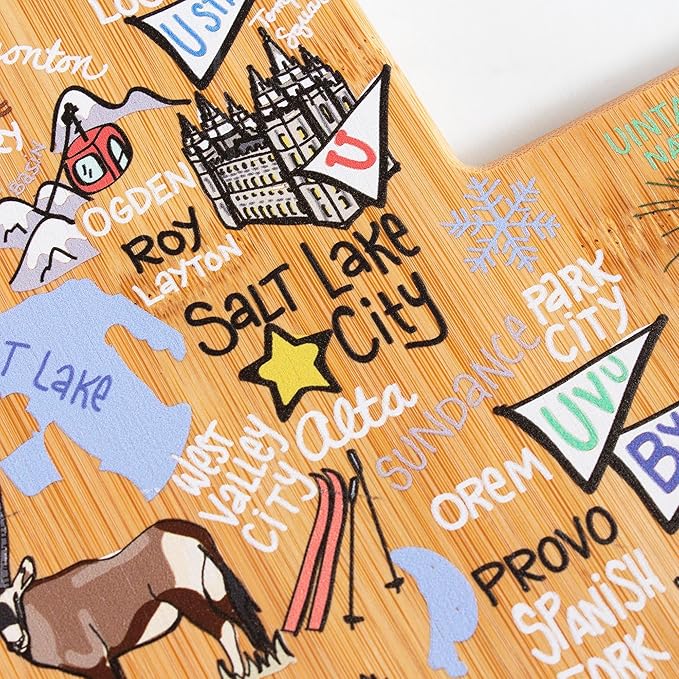 Totally Bamboo Utah State Shaped Cutting Board and Charcuterie Serving Platter with Artwork by Fish Kiss, Includes Hang Tie for Wall Display