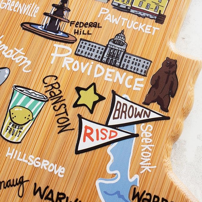 Totally Bamboo Rhode Island State Shaped Cutting Board and Charcuterie Serving Platter with Artwork by Fish Kiss, Includes Hang Tie for Wall Display