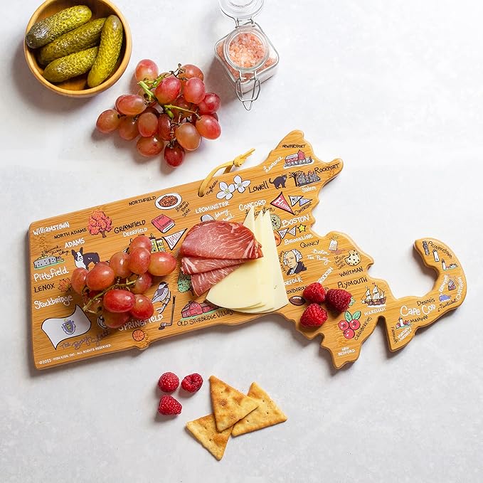 Totally Bamboo Massachusetts State Shaped Cutting Board and Charcuterie Serving Platter with Artwork by Fish Kiss, Includes Hang Tie for Wall Display