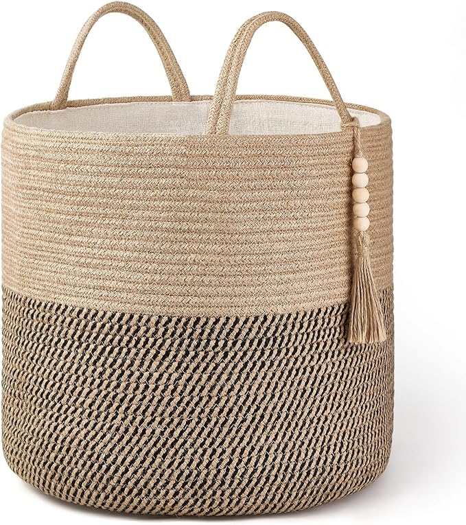 Mkono Woven Storage Basket Decorative Rope Basket Wooden Bead Decoration for Blankets,Toys,Clothes,Shoes,Plant Organizer Bin with Handles Living Room Home Decor, Yellow and Black, 16" W × 13.8"