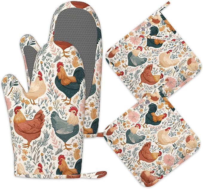 Cute Roosters Chicken Hens Oven Mitts and Pot Holders Set of 4, Heat Resistant Non Slip Plants Kitchen Gloves Hot Pads,Chef Cooking Baking Gifts for Women Bakers,Kitchen Cooking Lover Cooks