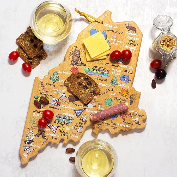 Totally Bamboo Maine State Shaped Cutting Board and Charcuterie Serving Platter with Artwork by Fish Kiss, Includes Hang Tie for Wall Display